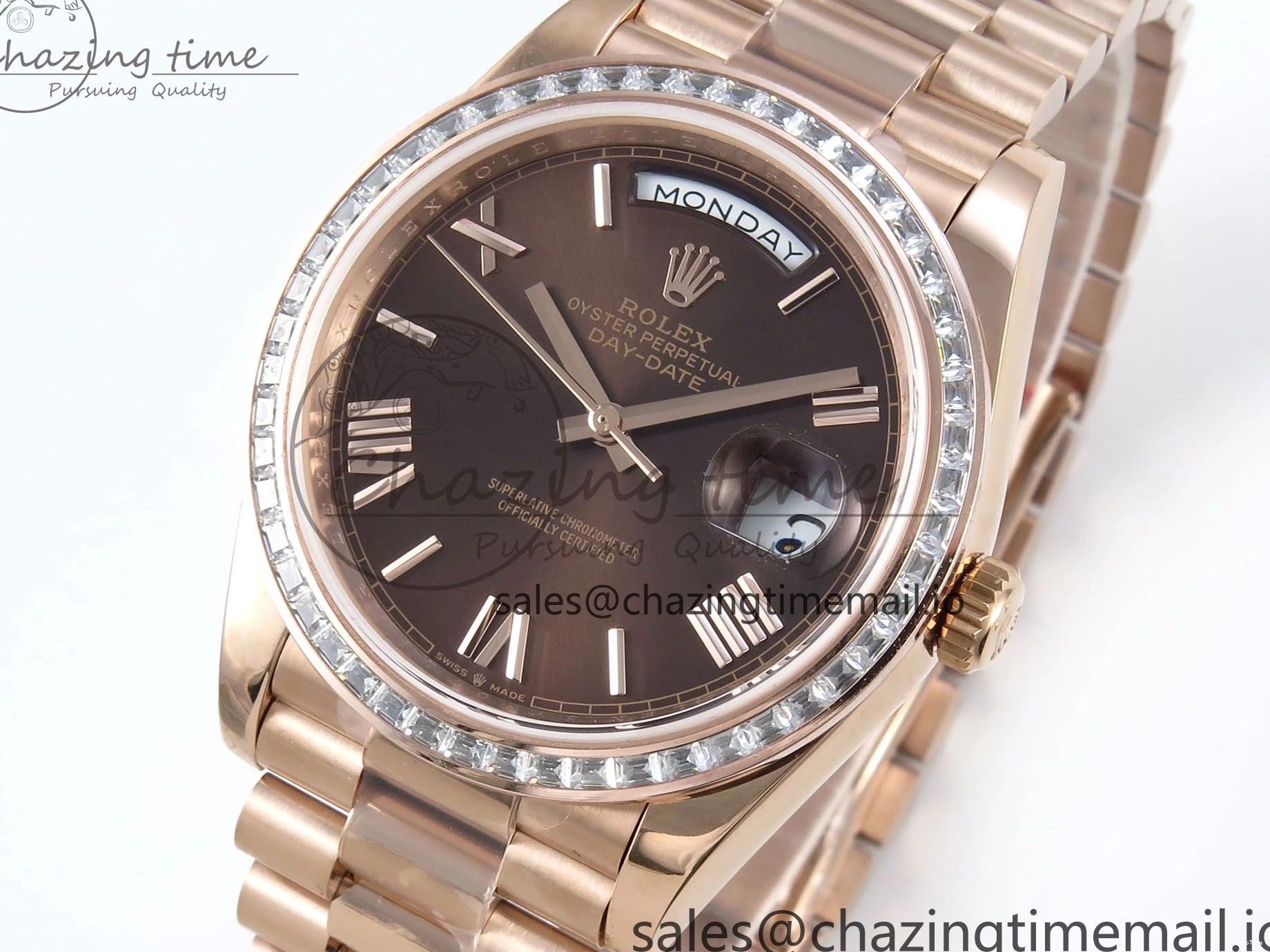 MiroTime 0521 Lightweight DayDate 40 RG QF 1:1 Best Edition Brown Roman Dial Diamonds Bezel on President Bracelet A2836 V5 (Gain Weight) 475
